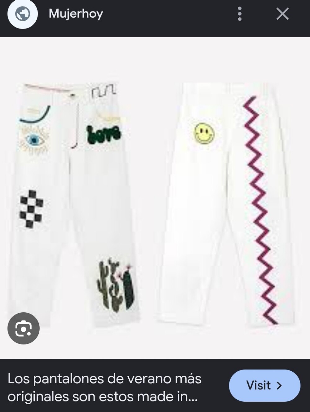 Michonet White Graphic Patch Pants with Colorful Accents S